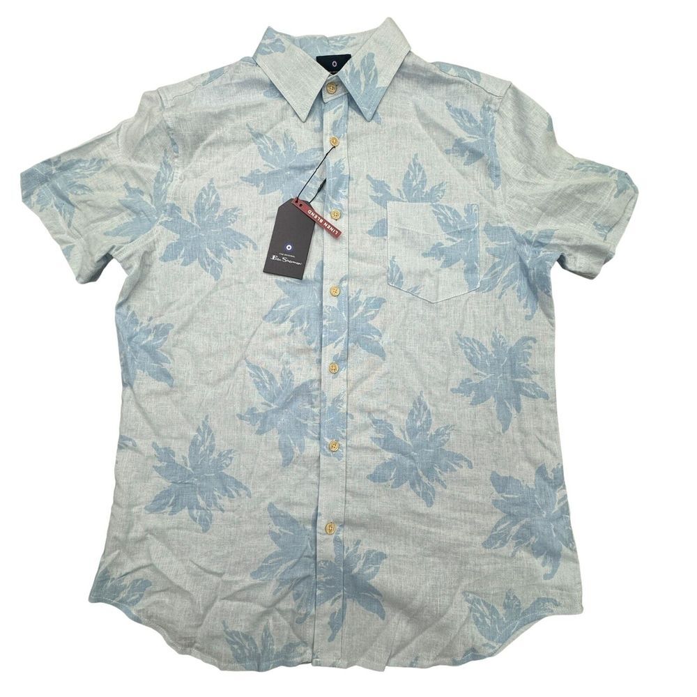 Ben Sherman Shirt Mens M Blue Button Up Short Sleeve Linen Rayon Blend Hawaiian